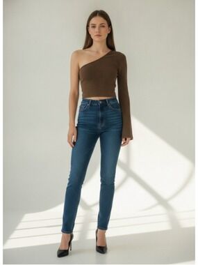 POL Brown Ribbed One Shoulder Asymmetric Long Sleeve Crop Top Size L (16” PTP)